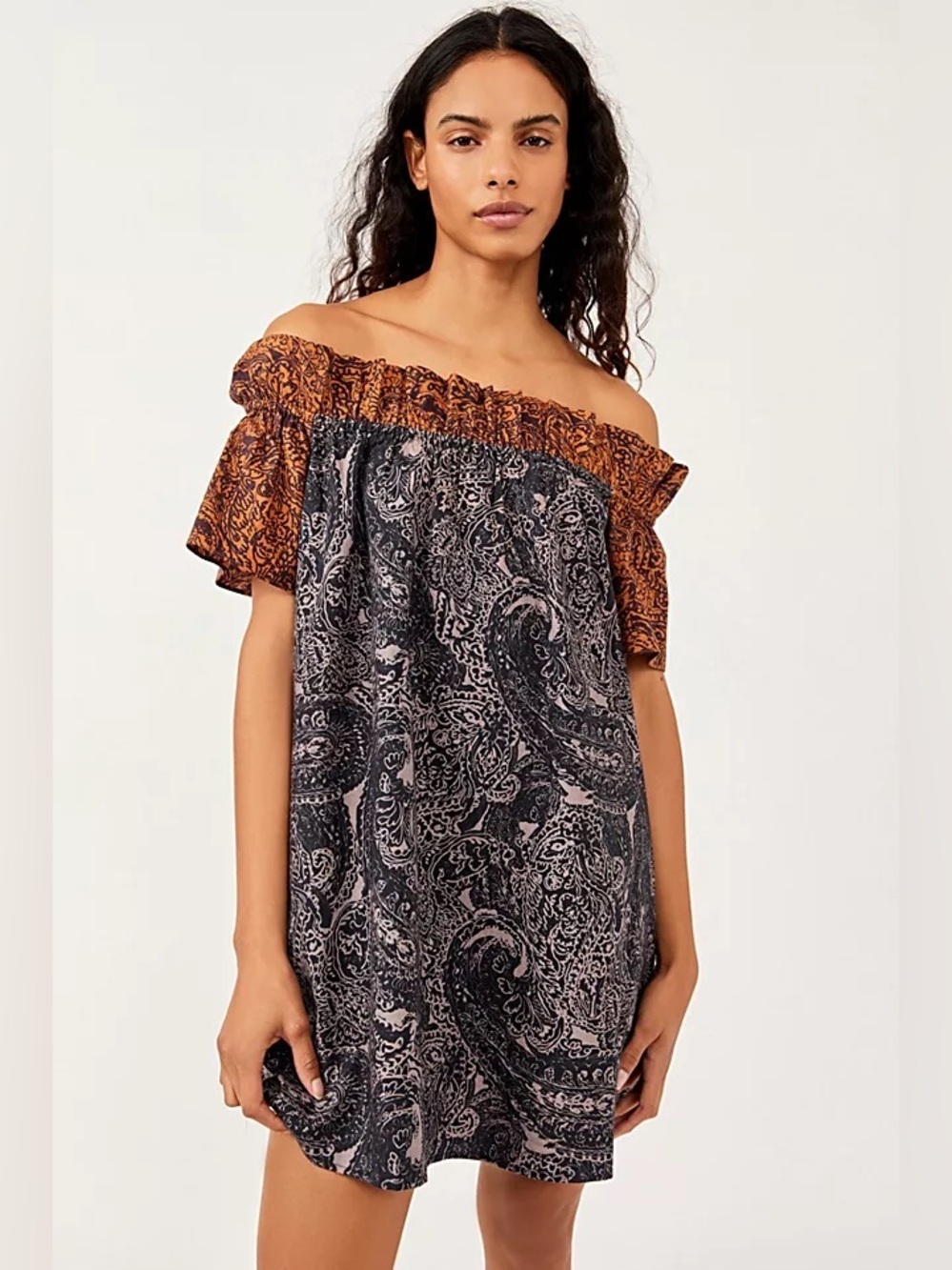 Free People Sophie Printed Off Shoulder Paisley Mini Dress Boho Small